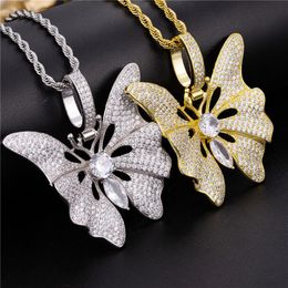 High End Gold Plated Sparkling Ice Out CZ Butterfly Pendant Necklace with Free Rope Chain Necklace for Men Women