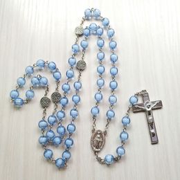 Catholic Jewellery Cross Pendant Rosary Necklace Long Blue Acrylic Necklace For Men Women