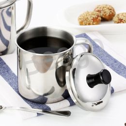 Silver Stainless Steel Cup Tough Office Water Cups Mirror Polishing Small Tea Mug With Lid Mugs Dining Hotel School Canteen BH4174 TYJ