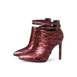 Hot Sale- Pointed Toe Women Burgundy and Black 10cm High Heel Ankle Strap Boots Ladies Booties