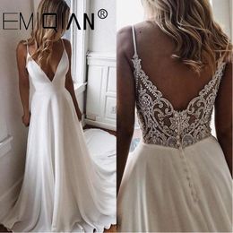 Long Chiffon Boho Beach Wedding Gown,Summer A Line Simple White Bride Wedding Dress, V Neck Bridal Party Dress,Vestido De Noiva 201113