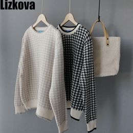 Winter Pullover Women Plaid O-neck Sweater Lazy Oaf Long Sleeve Loose Jumpers Casual Tops 201130