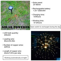 Solar String Lights Outdoor Indoor 200LED Copper Wire Fireworks Fairy LED Light String For Garden,Patio, Christmas Decoration 201204