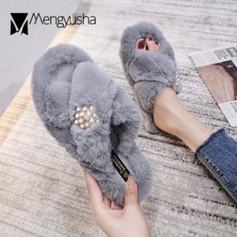 Cross Band fur slippers women string bead furry slides winter cotton shoes female sandalias comfortable pearl plush pantuflas 41 X1020