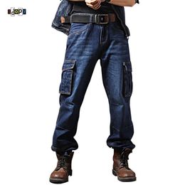 Idopy Men`s Casual Motorcycle Workwear Multi Pockets Denim Biker Cargo Jeans Pants For Male Plus Size 201223