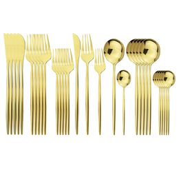 30Pcs Gold Cutlery 18/10 Stainless Steel Dinnerware Knife Dessert Fork Spoon Dinner Silverware Kitchen Tableware Set 201116