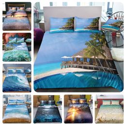 Holiday theme US size duvet cover set tree sea beach Bed linen blue fish bedclothes 3D sunset holiday vacation hotel bedding set 201021