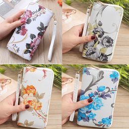 50pcs Wallet Women PU Floral Prints Zipper Multifunctional Credit Card Holder Long Wallet