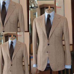 Khaki Men Tweed Suit Pinstripe Herringbone Man Coat Retro Peak Lapel Double Breasted Tailored Suit Man Outwwear