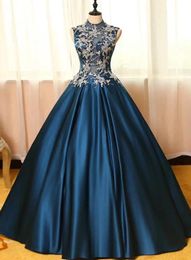 Designer Sheer Tulle High Neck Applique Bodice Keyhole Back Floor Length Navy Blue Prom Gown Masque Party Dress Wholesale