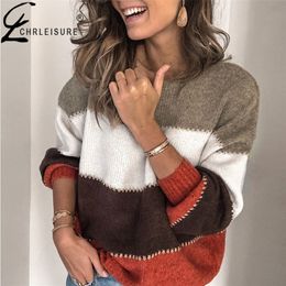 Women Sweater Pullover Round Neck Stripe Long Sleeve Sweater Coat Women Fashion Autumn Knitwear 201223