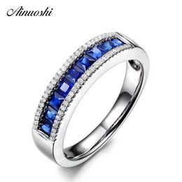 AINUOSHI Fashion Princess Cut Blue Sona Women Bridal Ring 925 Sterling Silver Wedding Engagement Anniversary Jewelry Silver Ring Y200106