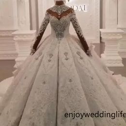 Luxurious Ball Gown Wedding Dresses Dubai Arabic High Neck Crystals Beaded 3D Lace Appliques Ruched Long Bridal Gowns Long Sleeve