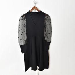 2021 Spring Long Sleeve V Neck Black Polka Dot Print Tulle Knitted Panelled Knee-Length Dress Women Fashion Dresses J23161131