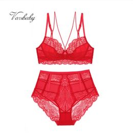 Varsbaby sexy unlined deep V floral lace underwear underwire Y-lined beauty back bra and panty set Y200708