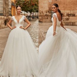 Gorgeous A Line Wedding Dresses Boho Beach Sexy V-neck Tassel 3D Applique Lace Up Princess Bridal Gowns Sweep Train Robes De Mariée