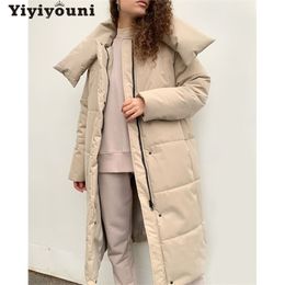 Yiyiyouni Oversize Thick Long Parkas Women Winter Warm Button Pockets Cotton Coat Female Wide-Waisted Straight Outerwear 201210