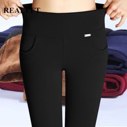 REALEFT New Warm Pants Autumn Winter Skinny Thick Velvet Wool Fleece Leggings Women Trousers Cashmere Pant Female Plus Size 201031