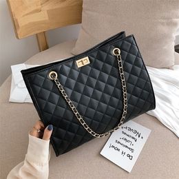Black Big Tote Bags for Women Chain Crossbody Diamond Lattice Shoulder Female Large Leather Plaid Shopper Handbags Sac 220310