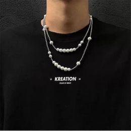 Creative trend reflective pearl stitched double-layer Necklace simple personality Street hip hop titanium steel chain