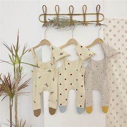 Newborn Baby Romper Wrap Foot Autumn Baby Jumpsuit Floral Baby Girls Clothes Suspender Cotton Boys Playsuit With Hat Overalls 201027