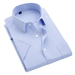 Summer S~8xl men's striped short sleeve dress shirt square collar non-iron regular fit anti-wrinkle pocket male social shirt 201123