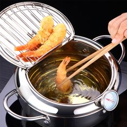 Tempura Pan Induction Fryer Lid Frying Stainless Steel Temperature Meter Japanese Style Utensils Kitchen Accessories Cookware 201223