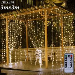 3Mx3M 300 LED Curtain Lights Romantic Christmas Wedding Decoration Outdoor Icicle String Light Remote-control 8 Modes USB Lamp Y200903