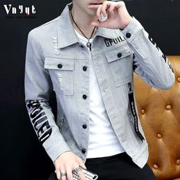 Men's ripped hole denim jacket spring autumn ribbon white/grey/red trendy slim washing printed men clothes Korean thin coat 201116