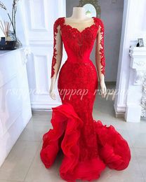 Elegant Sexy Mermaid Women Evening Dresses 2020 Sheer Long Sleeve Red Lace Ladies Formal Party Gowns LJ201123