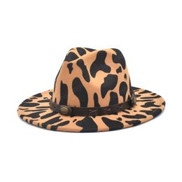 New Fashion Cow Print Jazz Caps Men Fedoras Hats Women Wool Felt Wide Brim Vintage Cowboy Hat