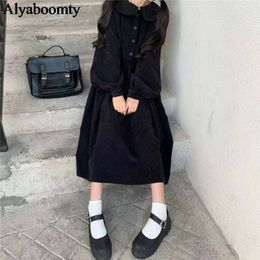 Japanese Harajuku Fall Winter Women Black Dress Peter Pan Collar Loose Corduroy Dress Cute Kawaii Lantern Sleeve Mori Girl Dress LJ201114