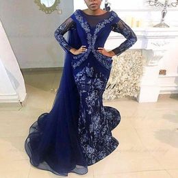 2021 Arabic Aso Ebi Royal Blue Mermaid Prom Dress Lace Beaded Prom Dress Long Sleeves Formal Party Second Reception Gowns