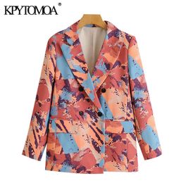 KPYTOMOA Frauen Mode Zweireiher Druck Blazer Mantel Vintage Langarm Taschen Weibliche Oberbekleidung Chic Tops 201102