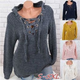 Women's Sweaters Autumn Pullover Bandage Sexy V-neck Women's Top Cross Strap Large Size Lace-up Sweater 201223