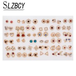 SLZBCY Gold Silver Colour Mix Model Crystal Stud Earrings Set for Flower Triangle Shaped Earring Girl Kid Jewellery 36 Pairs/Lot
