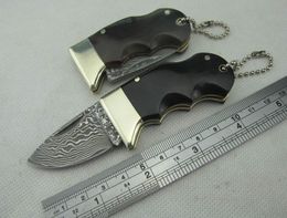 1Pcs 4.3 Inch Small Damascus Pocket Folding Knife VG10 Damascuss Steel Blade Cow Horn + Brass Head Handle EDC Knives