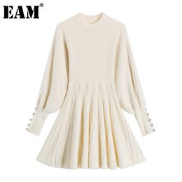 [EAM] Women Beige Knitting Temperament Dress New Stand Collar Long Sleeve Loose Fit Fashion Tide Spring Autumn 1Z762 201126