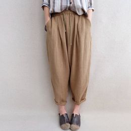 Women Elastic Waist Cotton Linen Loose Harem Pants Pencil Pantalon Pockets Solid Casual Loose Long Trousers Plus Size T200319