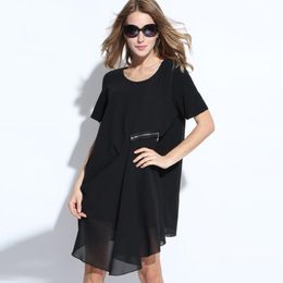 02389# JRY New Spring Women Fashion Irregular Dresses Round Collar Short Sleeve Dress Lady Solid Colour Loose Chiffon Casual Dress L XL