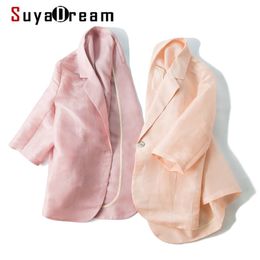 Women Silk Blazer 50%Silk 50%Linen Solid 3/4 Sleeved Single Button Office Lady Blazer NEW Fall Winter Out wear 201023