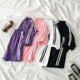 Casual Tracksuit Two Piece Outfits Side Striped Pant Set Summer Short Sleeve T-shirt + High Waist Shorts Purple Matching Sets