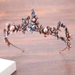 Gorgeous Vintage Gold Colorful Crystal Pearl Bridal Crowns Tiaras Wedding Hair Accessories Womens Baroque Crown Hair Jewelry Y200409