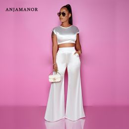 ANJAMANOR Satin Silk Two Piece Set Top and Wide Leg Pants Elegant Sexy 2 Piece Birthday Party Club Outfits Matching Sets D37AD88 T200702