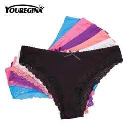 Women's Panties Sexy Lace Cotton Briefs Solid Color Low Rise Knickers Plus Size Girls Underwear Ladies Lingerie M L XL 6 Pcs/set 201112