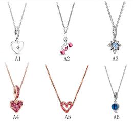 Genuine S925 Sterling Silver Fit Pandora Couple Necklace Heartbeat Necklace Set diy Heart Love Heart Blue Crysta Charm For Beads Charms