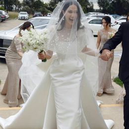Satin Mermaid Wedding Dresses with Wraps Beading Top Short Sleeve Beads Bridal Gowns Backless Boho robes de mariée