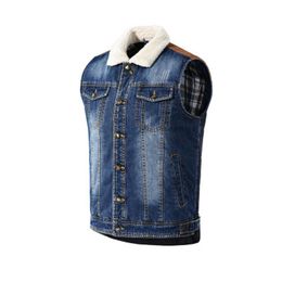 Man Patchwork Denim Vest Jackets Fashion Occident Trend Sleeveless Single Breasted Denim Outerwear Designer Male Winter New Casual Warm Coat