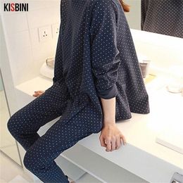 KISBINI 2PCS Women Pajamas Sets Autumn Spring 100% Cotton Sleepwear Navy Dot Print Round Neck Long Sleeve Pyjamas Home Suit 201217