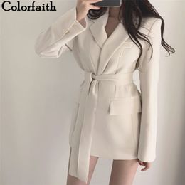 Colorfaith New Autumn Winter Women Jackets Office Ladies Lace up Notched Formal Outwear Elegant White Black Tops JK7040 201112